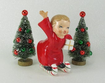 Fine A Quality Japan Vintage HTF Angel Boy Figurine Riding On Ski's With Present Under Arm Made In Japan 1950s Norcrest SR Quality Napco