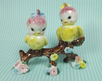 Norcrest Vintage Adorable Pair Of Pink & Yellow Birds Sitting On Branch With Flowers Made In Japan 1950's Kitsch Lefton Relpo Napco