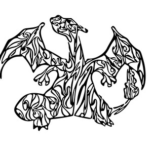 May include: Black and white line art illustration of a dragon with intricate details. The dragon is curled up with its wings spread out.
