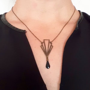 Art Deco necklace graphic fan pendant brass bronze and black enamel sequin, Modern geometric black stone necklace, Women&#39;s gift