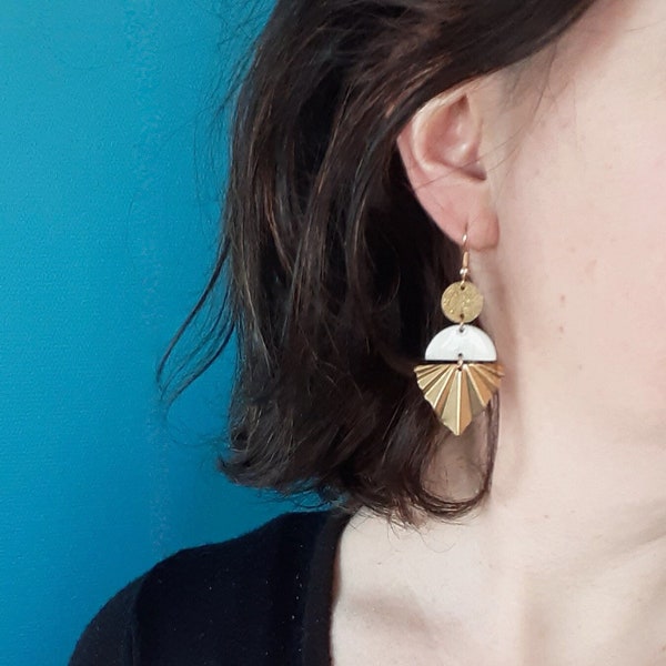 Gold Art Deco earrings and white enamel, ecru white half moon earrings and pleated fan, sequin party earrings