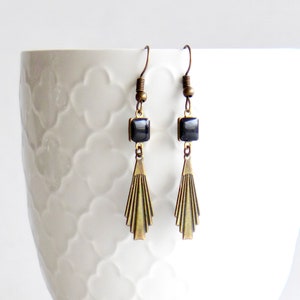 Fine Black Art Deco earrings, bronze fan print and black enameled sequin earrings, small fine black earrings