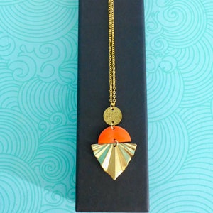 elegant boho chic pleated fan gold and orange enamel sautoir necklace, long orange and gold sautoir necklace, women&#39;s Christmas gift, chic summer jewelry