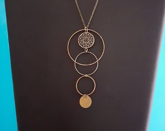 elegant boho chic long necklace cascade of rings and rosette in bronze brass, long necklace bronze long necklace graphic circles, boho long necklace