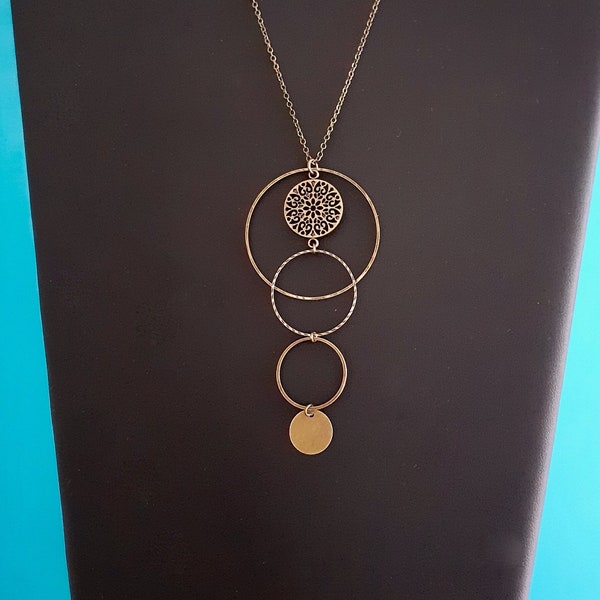 elegant boho chic long necklace cascade of rings and rosette in bronze brass, long necklace bronze long necklace graphic circles, boho long necklace