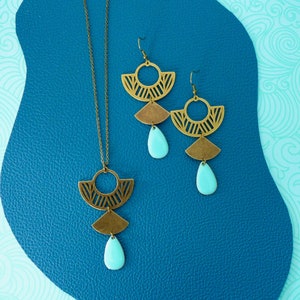 Art Deco bronze and turquoise graphic jewelry set, blue necklace earrings set, boho chic turquoise gift box