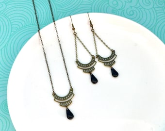 Set of earrings and necklace Art Deco graphic Bronze and black, black bronze Inca ethnic jewelry set