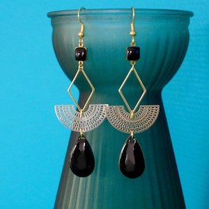 Long Gold and Black Art Deco Earrings, Black Enamel Graphic Boho Earrings, Gift for Her