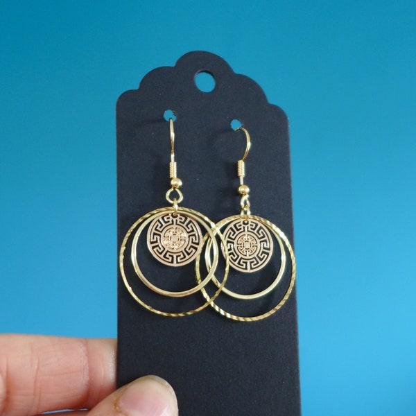 Boucles d'oreilles rondes minimalistes dorées, petites boucles dorées graphique inca, Boucles d'oreilles rondes boho, cadeau Noël pour elle