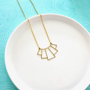 Gold geometric Art Deco necklace, Sleek graphic fan pendant, Minimalist gold necklace, modern short gold brass necklace