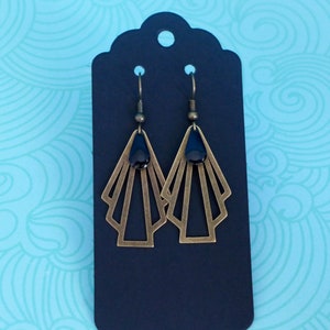 ブロンズとブラックのアールデコグラフィックファンイヤリング、幾何学的なブラックファンイヤリング、女性へのクリスマスプレゼント