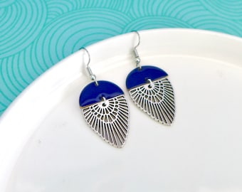 Silver graphic earrings and royal blue enamel, royal blue and silver boho earrings, dark blue and silver earrings