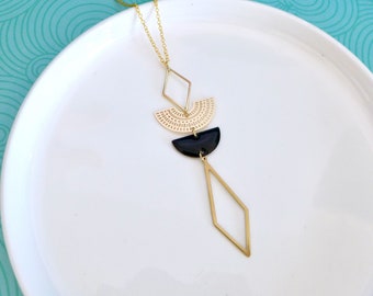 graphic Art Deco long necklace in gold brass and black enamel, long black gold geometric necklace, gold designer jewelry, Valentine's Day gift