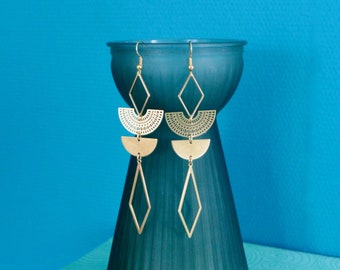 Long Art Deco graphic diamond earrings in gold brass, Large gold geometric earrings, gold design earrings