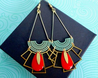 Long gold and red Art Deco graphic earrings, large geometric red and gold drop fan earrings