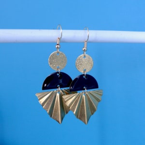 Black gold Art Deco earrings, half moon and pleated fan earrings, black sequin earrings, Christmas gift for her