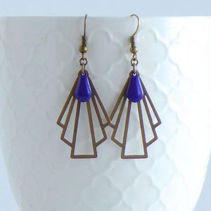 Dark Purple Art Deco Graphic Fan Earrings, Purple Geometric Earrings, 1920s Art Deco Earrings, Women&#39;s Gift