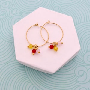 Gold hoop earrings with 3 small colored beads, cute earrings for summer, gift for women, school teacher, cheerful minimalist jewelry