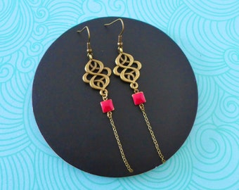 Fine bronze and red wavy earrings, red ethnic arabesque earrings, long red and bronze earrings