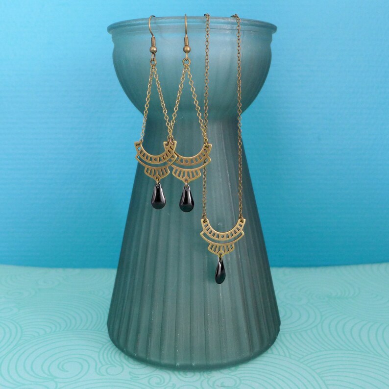 Bronze and black graphic Art Deco earrings, black bronze Inca ethnic earrings, elegant bronze brass earrings image 7