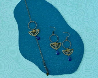 Parure de bijoux Art Déco graphiques bracelet et boucles d'oreilles bronze et émail bleu marine