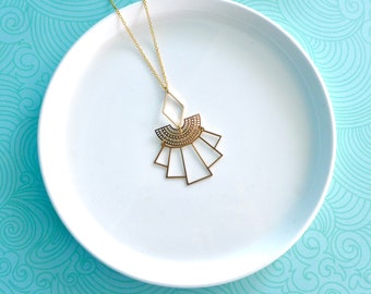 Art Deco golden fan and diamond long necklace, long gold brass graphic pendant necklace, modern geometric necklace, Valentine's Day gift