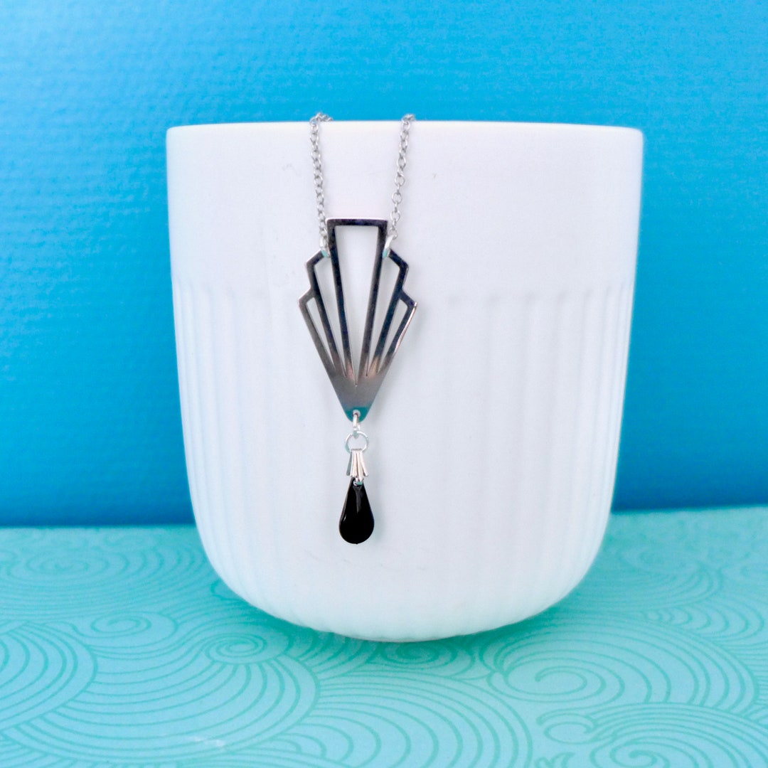 Art Deco Graphic Necklace in Silver Stainless Steel and Black Enamel ...