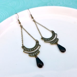 Bronze and black graphic Art Deco earrings, black bronze Inca ethnic earrings, elegant bronze brass earrings image 1