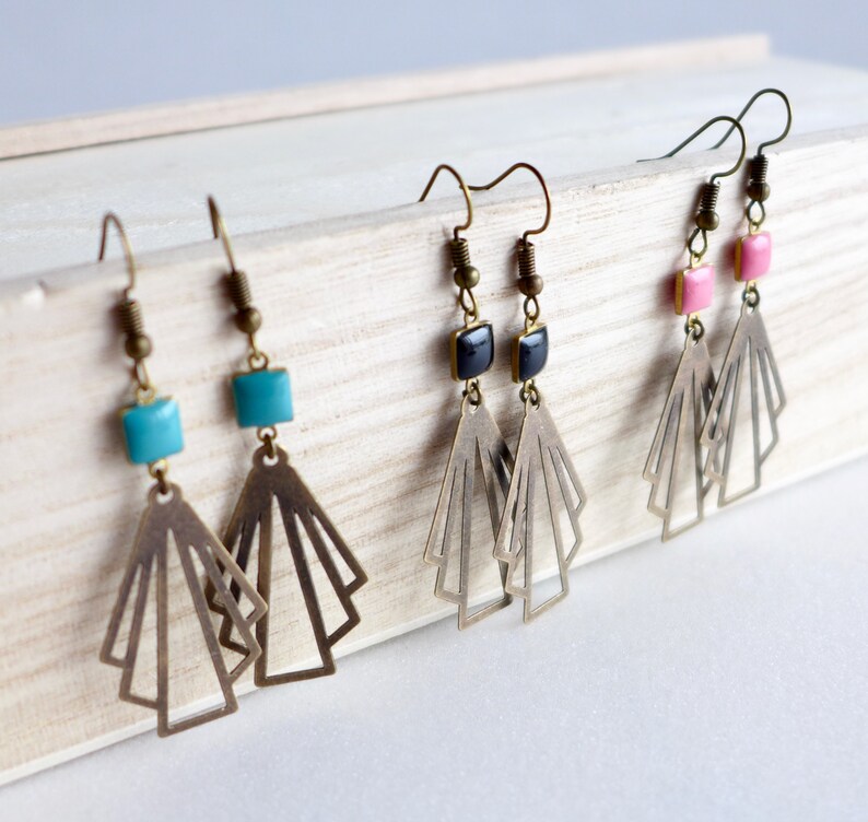 sober gift Christmas jewel mother/'s woman Fan earrings in brass and duck blue enamel graphic jewelry Art Deco feminine jewel