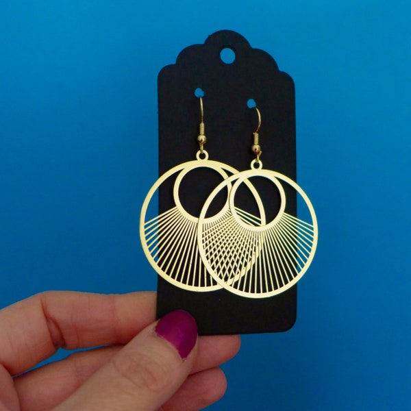 Goldene runde Art-Deco-Ohrringe, große geometrisch gestreifte Kreisohrringe, moderne Sunburst-Ohrringe