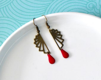 Red Origami graphic wing earrings, Red geometric dangling earrings, small red art deco earrings, Christmas gift for her