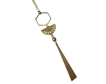 Sautoir graphique Art Déco bronze, long collier fin géométrique, sautoir géométrique moderne féminin, collier long hexagone, cadeau Noël