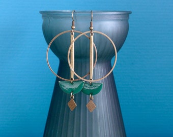 Round green graphic earrings, bronze brass bar hoop earrings and dark green half circle, large round green earrings