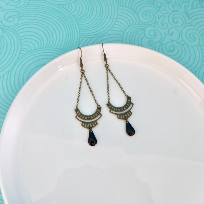 Bronze and black graphic Art Deco earrings, black bronze Inca ethnic earrings, elegant bronze brass earrings image 2