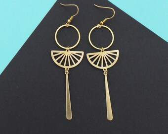 Goldene Art Deco grafische Ohrringe, lange geometrische Ohrringe, elegante lange dünne goldene Ohrringe, Geschenk für Frauen