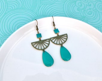 Art Deco graphic fan earrings Bronze and turquoise, Turquoise blue drop fan earrings, geometric earrings