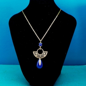 Art Deco jungle graphic necklace in gold and blue enamel, dark blue gold geometric pendant, modern royal blue gold necklace, Christmas gift for her