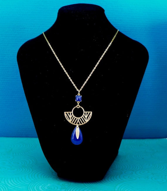 Collier Long Maille Arc émail Bleu Vert Sur Métal Doré - Sans Marque