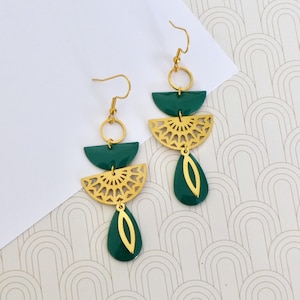 Gold and green openwork Art Deco earrings, dark green enamel geometric drop earrings, gift for her woman