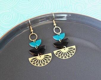 Art Deco gold earrings in duck blue and black, two-tone graphic earrings, colorful jewelry Christmas gift for women