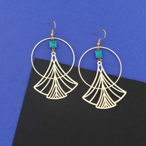 Gold and duck blue ginkgo graphic earrings, large geometric triangle earrings, modern women's gift