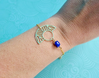 Art Deco graphic bracelet in golden brass and duck blue or royal blue enamel, Christmas gift for women