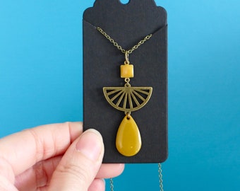 elegant boho chic bronze and mustard yellow long necklace, long mustard drop graphic long necklace, art deco camel pendant long necklace