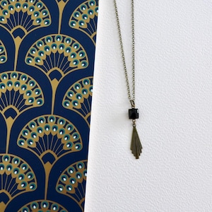 Fine Art Deco black fan necklace, brass and black enamel fan print necklace, black enamel graphic pendant, chic Christmas gift for women