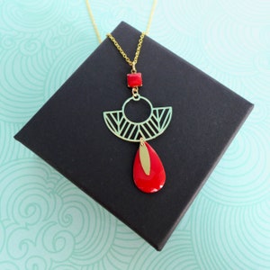 Art Deco graphic jungle gold and red enamel sautoir necklace, colorful red geometric pendant, long modern gold red necklace, gift for her