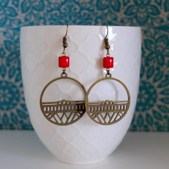 Round earrings and Inca-inspired graphics in brass and red enamel sequins Round hanging earrings gift mother woman
