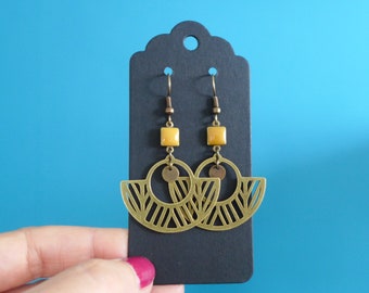 Art Deco bronze and mustard yellow graphic earrings, Yellow jungle earrings, Summer vacation camel yellow earrings