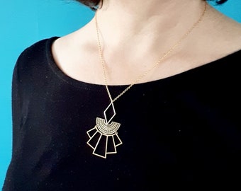 Gold fan and Art Deco diamond necklace, gold brass graphic pendant necklace, modern geometric necklace, Christmas gift for women