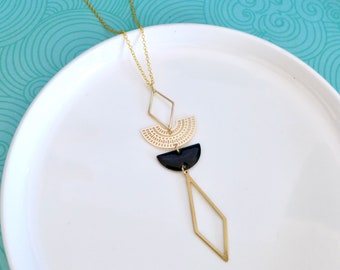 graphic Art Deco long necklace in gold brass and black enamel, long black gold geometric necklace, gold designer jewelry, Valentine's Day gift
