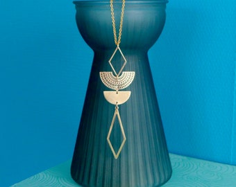 Art Deco graphic gold sautoir necklace, long geometric gold necklace, Christmas gift for her, long modern design stainless steel necklace